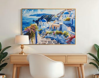 Santorini Greece Watercolor Art Print – Blue Dome Coastal Wall Art, Greek Island Landscape