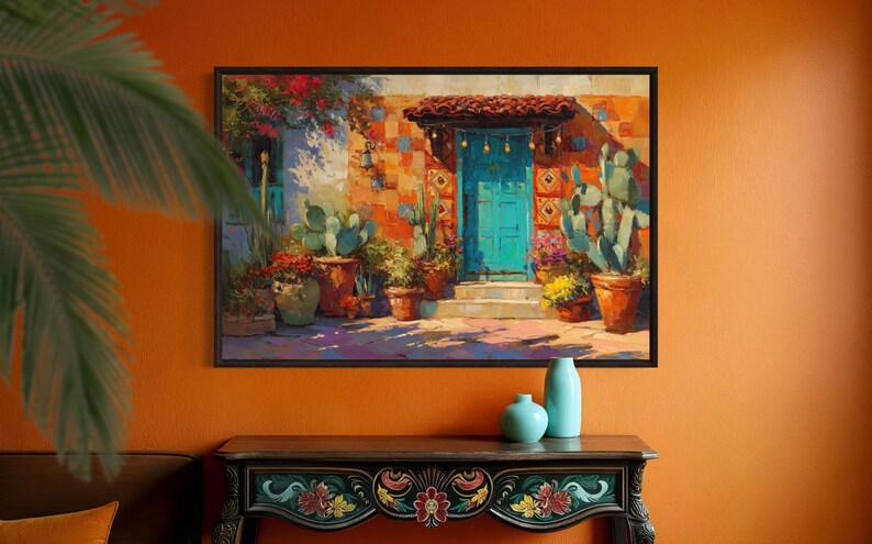Mexican Courtyard Wall Art Print – Turquoise Door Painting ...
