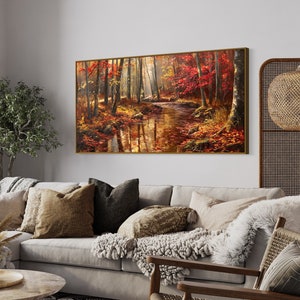 Autumn Whisper: A tranquil forest brook winds through a golden autumnal embrace, flanked by fiery red leaves and bathed in soft, dappled sunlight.