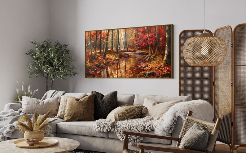 Autumn Whisper: A tranquil forest brook winds through a golden autumnal embrace, flanked by fiery red leaves and bathed in soft, dappled sunlight.