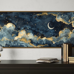 Starry Night Canvas - Vibrant Celestial Artwork with Crescent Moon, Panoramic Night Sky Print, Impressionist Cloud Painting Print Decor