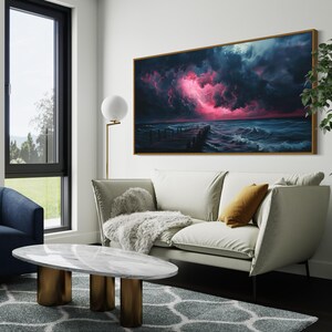 This dramatic storm canvas captures a dark ocean scene with a striking pink lightning sky over a wooden pier. The moody waves and vibrant storm clouds create a bold statement piece. Perfect for lovers of dramatic nature art, coastal décor.