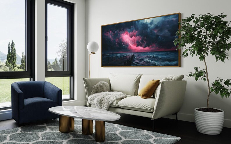 This dramatic storm canvas captures a dark ocean scene with a striking pink lightning sky over a wooden pier. The moody waves and vibrant storm clouds create a bold statement piece. Perfect for lovers of dramatic nature art, coastal décor.