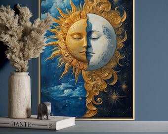 May include: A framed vertical wall art print featuring a split face design with a golden sun on the left and a pale moon on the right. The artwork is set against a deep blue starry sky background with swirling golden decorative elements.