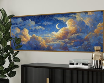 Celestial Night Sky Wall Art – maan en wolken print, sterrenhemel canvas, dromerig blauw en goud decor, wassende maan grillige slaapkamerkunst