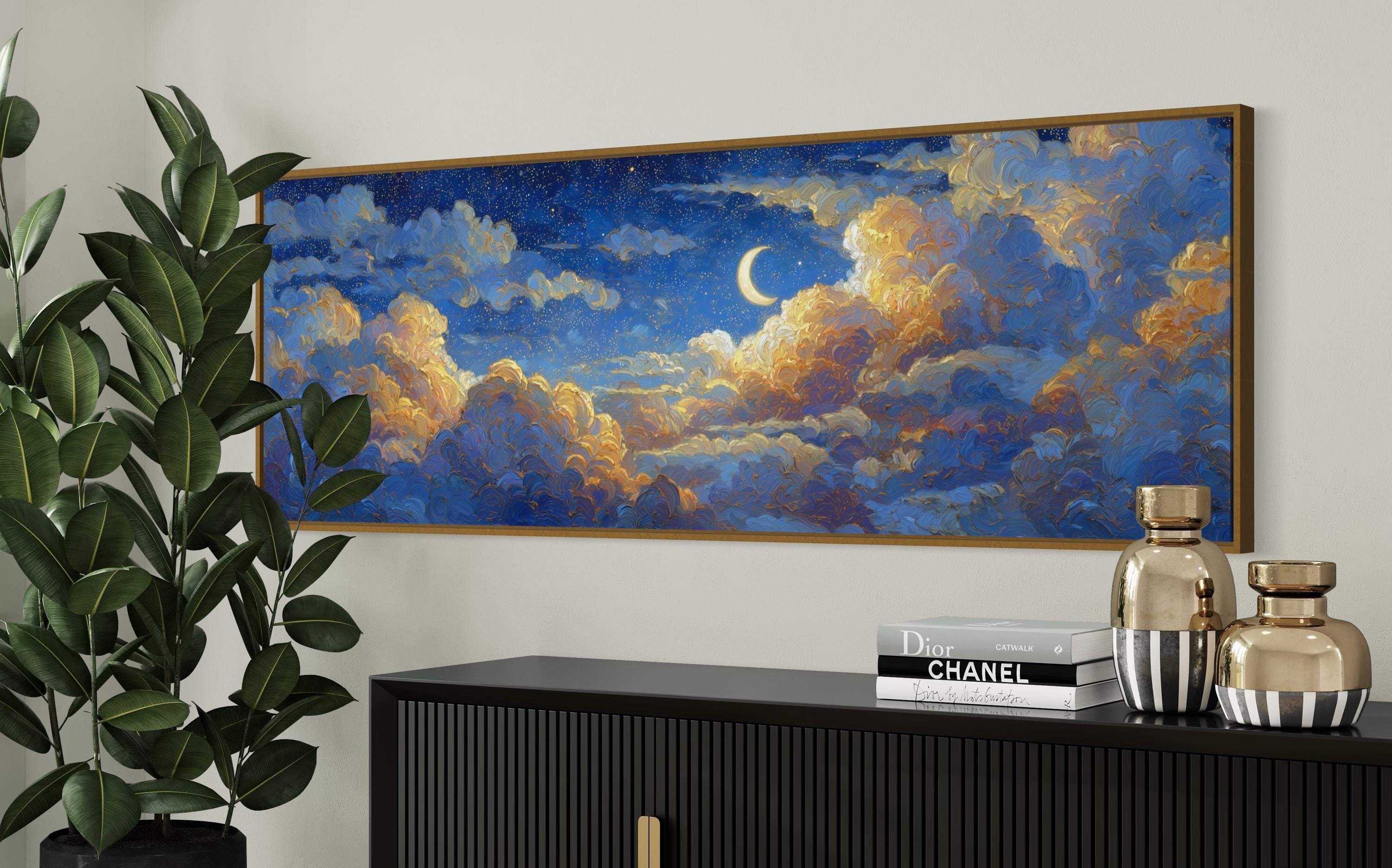 Celestial Night Sky Wall Art – Moon and Clouds Print, Starry Sky Canvas ...