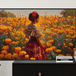 Mexican Woman in Marigold Field Art Print – Dia de los Muertos Wall Decor, Latina Heritage Artwork, Traditional Mexican Wall Art
