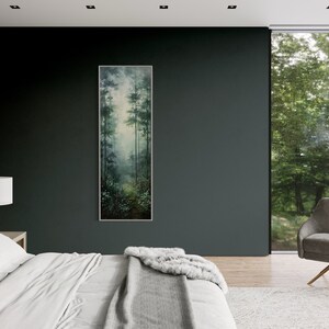 This serene painting depicts a misty forest with tall trees and delicate wildflowers. The soft, muted colors and ethereal atmosphere create a sense of tranquility, perfect for adding a touch of nature and calm to any space.