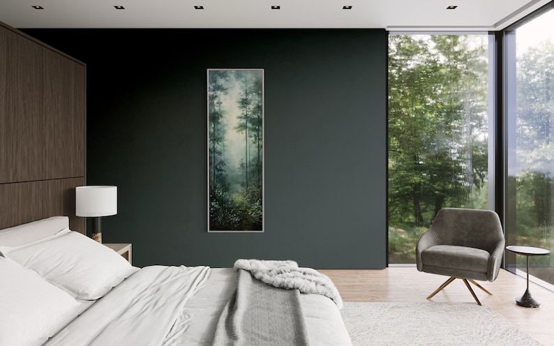This serene painting depicts a misty forest with tall trees and delicate wildflowers. The soft, muted colors and ethereal atmosphere create a sense of tranquility, perfect for adding a touch of nature and calm to any space.