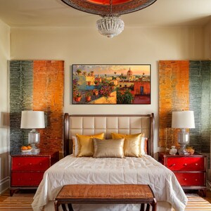 This colorful painting shows a Mexican city at sunset with terracotta rooftops, blooming bougainvillea, and church domes. The warm hues and intricate details evoke the charm and beauty of a picturesque Mexican town, perfect for cultural decor.