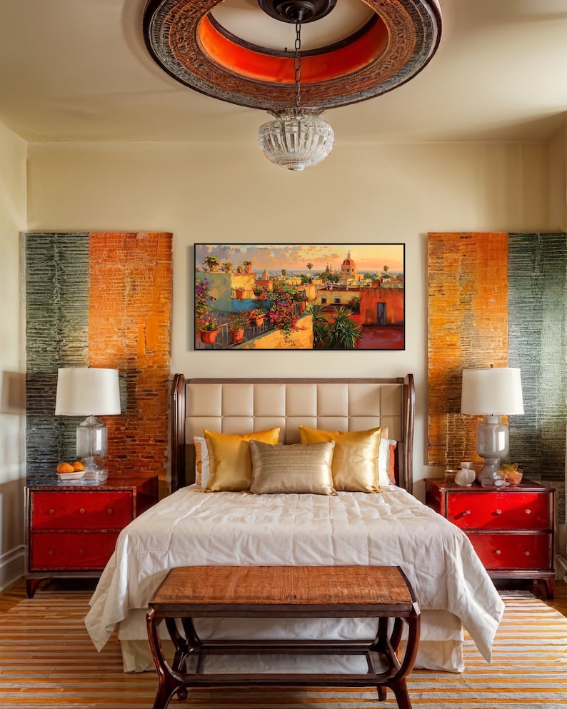 This colorful painting shows a Mexican city at sunset with terracotta rooftops, blooming bougainvillea, and church domes. The warm hues and intricate details evoke the charm and beauty of a picturesque Mexican town, perfect for cultural decor.