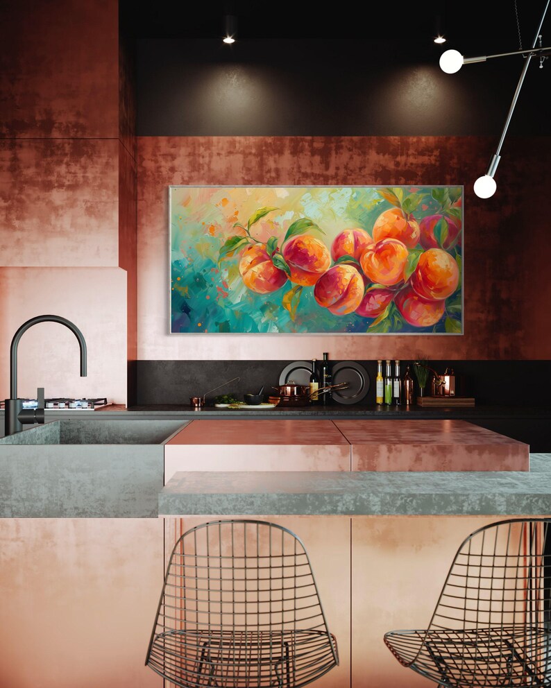 Just Peachy - Vibrant Peach Tree Fruit Painting Print, Colorful Nature Scene Art Print for Kitchen and Restaurant Wall Decor image 6