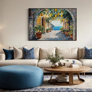 This vibrant artwork captures the charm of an Italian coastal village, featuring lemon trees hanging over a sunlit stone pathway. With a stunning view of the sea, this piece brings Mediterranean warmth and rustic beauty into your home.