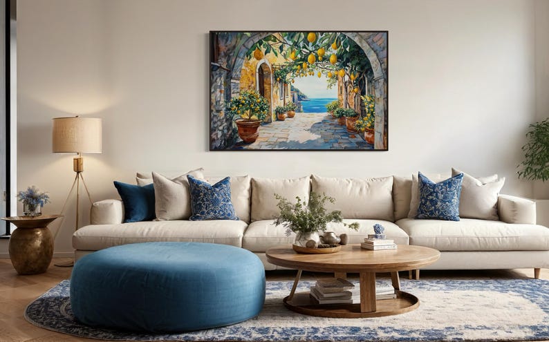 This vibrant artwork captures the charm of an Italian coastal village, featuring lemon trees hanging over a sunlit stone pathway. With a stunning view of the sea, this piece brings Mediterranean warmth and rustic beauty into your home.