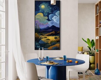 アリゾナ砂漠の夜景アートプリント – ゴッホ風南西部風景 – サボテンと