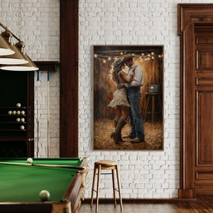 Rustic Country Couple Dancing Art Print - Romantic Barn Scene Wall Decor - Western Farmhouse Love Painting - Cowboy Wedding Gift