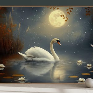 Elegant White Swan Wall Art - Mystical Bird Print with Full Moon and Starry Sky, Perfect Lakeside Decor for Tranquil Spaces
