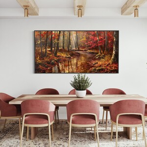 Autumn Whisper: A tranquil forest brook winds through a golden autumnal embrace, flanked by fiery red leaves and bathed in soft, dappled sunlight.