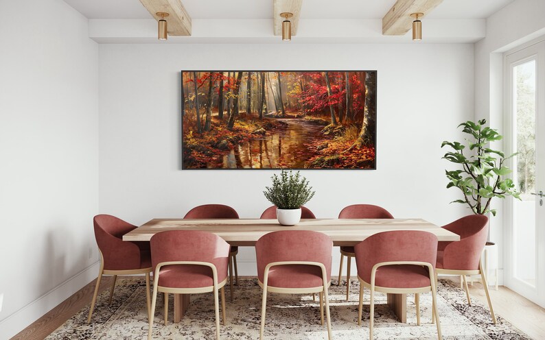 Autumn Whisper: A tranquil forest brook winds through a golden autumnal embrace, flanked by fiery red leaves and bathed in soft, dappled sunlight.