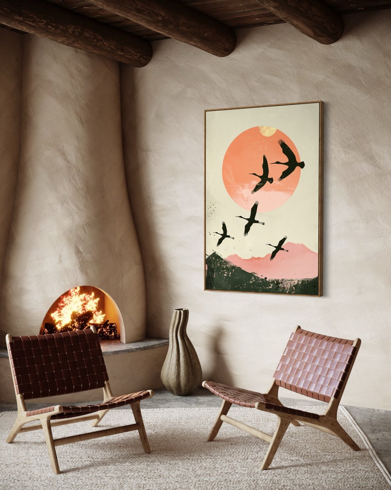 Silhouettes in Flight: A serene composition featuring cranes soaring across a textured pink sunset, their graceful forms framed against a full moon.