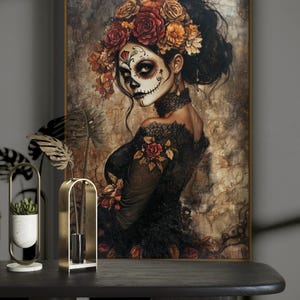 Ethereal portrayal of a woman in Day of the Dead makeup, adorned with a crown of autumn-toned flowers, set against a moody, textured backdrop, evoking both beauty and mystery.