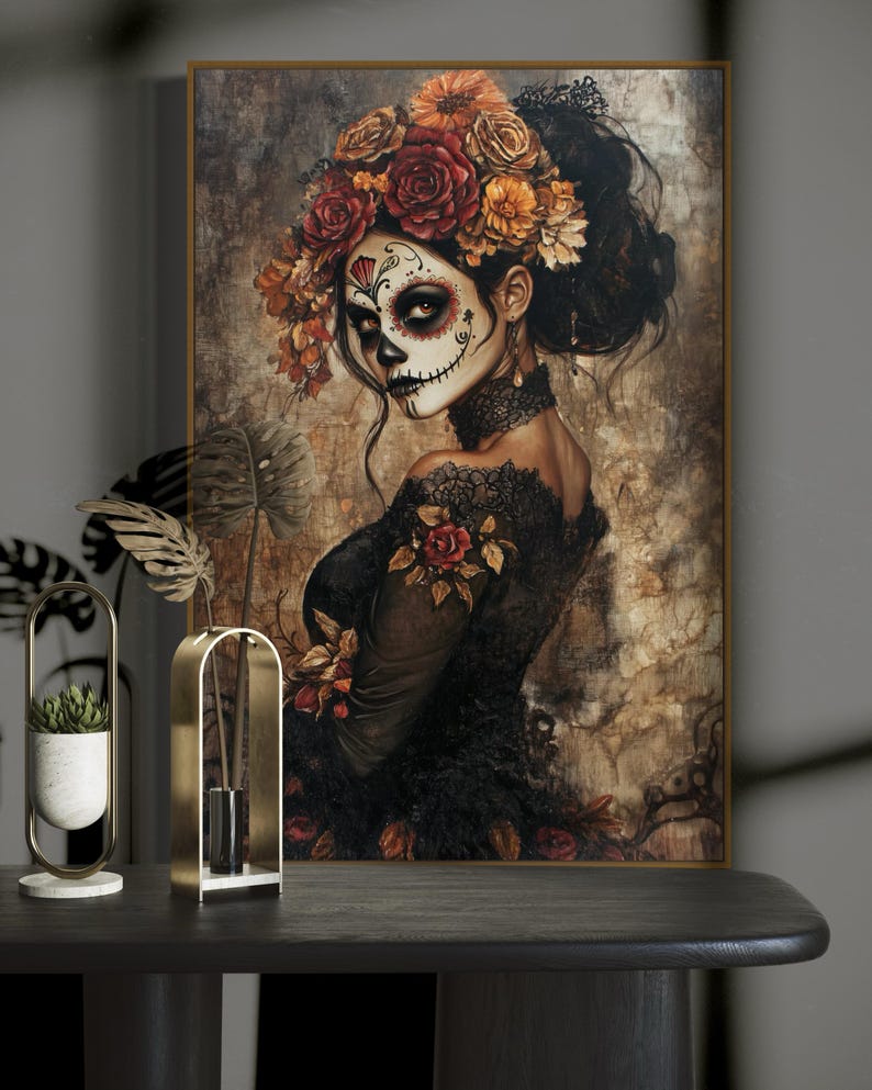 Ethereal portrayal of a woman in Day of the Dead makeup, adorned with a crown of autumn-toned flowers, set against a moody, textured backdrop, evoking both beauty and mystery.