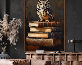 Wise Owl on Antique Books Print – Vintage Library Wall Art, Intellectual Decor, Academic Study Artwork on Canvas or Fine Art Paper