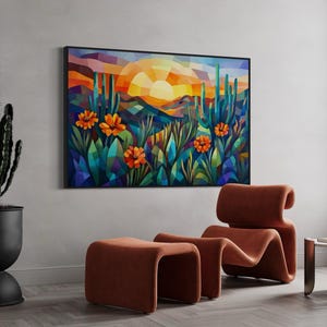 Desert Sunset Cactus Print – Vibrant Southwest Landscape Art, Colorful Abstract Nature Wall Decor on Canvas or Fine Art Paper