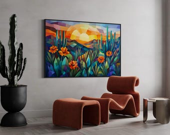 Impresión de cactus al atardecer en el desierto: vibrante arte paisajístico del suroeste, decoración de pared de naturaleza abstracta y colorida sobre lienzo o papel de bellas artes.