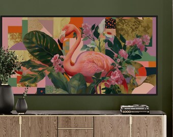 Tropischer Flamingo Kunstdruck - Moderne bunte botanische Wandkunst, Boho-Dekor, tropischer Vogel Druck, lebendige Dschungel Leinwand