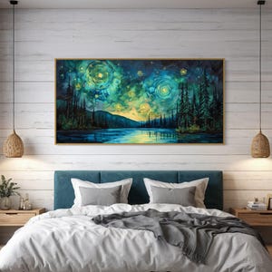 A breathtaking nightscape where swirls of luminescent green and yellow dance across the sky, mirroring on the tranquil lake below. Tall pines stand in silhouette against a Van Gogh-inspired celestial masterpiece.