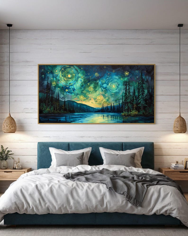 A breathtaking nightscape where swirls of luminescent green and yellow dance across the sky, mirroring on the tranquil lake below. Tall pines stand in silhouette against a Van Gogh-inspired celestial masterpiece.