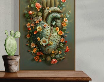 Surreal Blooming Heart - Whimsical Cactus Flower Art Print, Rustic Boho Wall Art Decor for Home and Above Bed