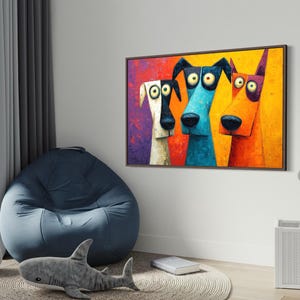 Colorful modern dog art print featuring three quirky cartoon-style dogs with big round eyes and long snouts. Vibrant palette of orange, teal, yellow, purple, and cream creates a fun pop-art look. A playful wall decor piece perfect for kids’ rooms, dog lovers, funky living rooms, vet offices, or eclectic gallery walls. (Print only, no texture.)