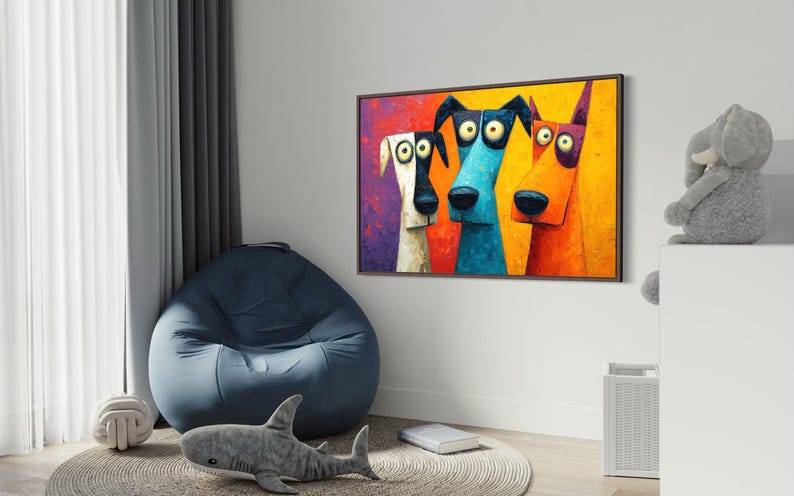 Colorful modern dog art print featuring three quirky cartoon-style dogs with big round eyes and long snouts. Vibrant palette of orange, teal, yellow, purple, and cream creates a fun pop-art look. A playful wall decor piece perfect for kids’ rooms, dog lovers, funky living rooms, vet offices, or eclectic gallery walls. (Print only, no texture.)