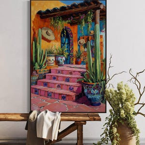 Mexican Courtyard Wall Art - Vibrant Boho Patio Canvas, Colorful Cactus Garden Print, Rustic Chic Home Decor for Artistic Living Room
