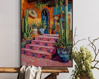 Mexican Courtyard Wall Art - Vibrant Boho Patio Canvas, Colorful Cactus Garden Print, Rustic Chic Home Decor for Artistic Living Room