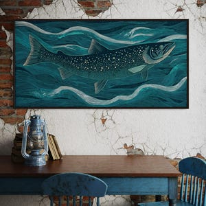 Impression d'art de saumon d'Alaska - Illustration de poisson audacieuse pour une décoration côtière ou de cabane - Art mural de pêche rustique moderne - Idée cadeau pêcheur