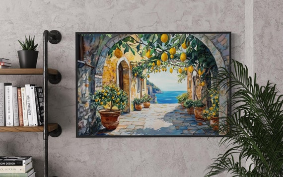 Italian Coastal Street Scene with Lemon Trees - Mediterranean Decor for Room or Kitchen, Vibrant Italy Wall Art and Lemon Painting Print