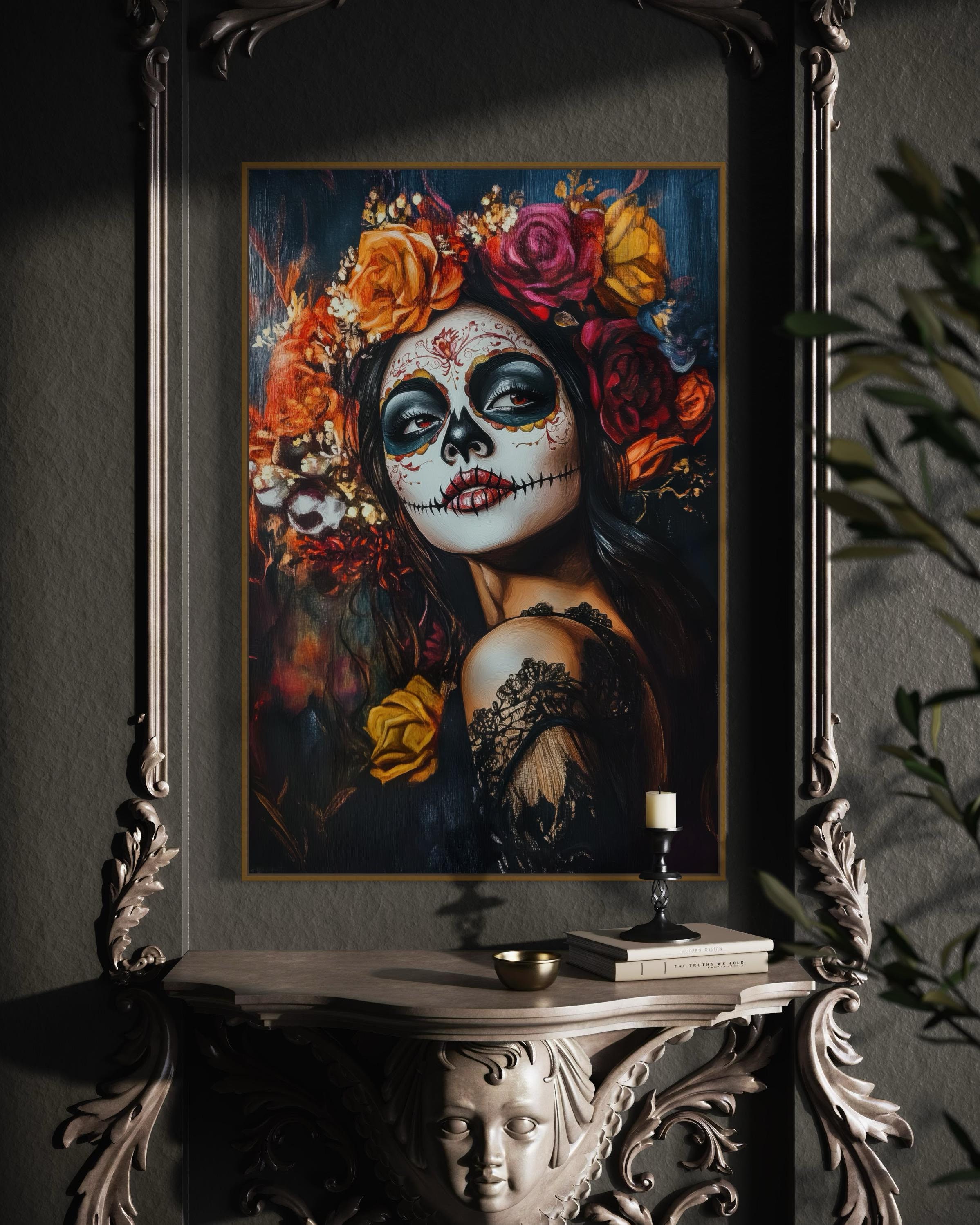 Dramatic Dia de los Muertos Sugar Skull Art - Mystical Gothic Canvas Print for Halloween, Latin American Art, and Dark Floral Wall Art