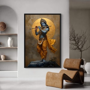 Immerse yourself in divine grace with this exquisite art piece of Lord Krishna playing the flute. The vibrant colors and intricate details make it a captivating addition to any spiritual or cultural space.