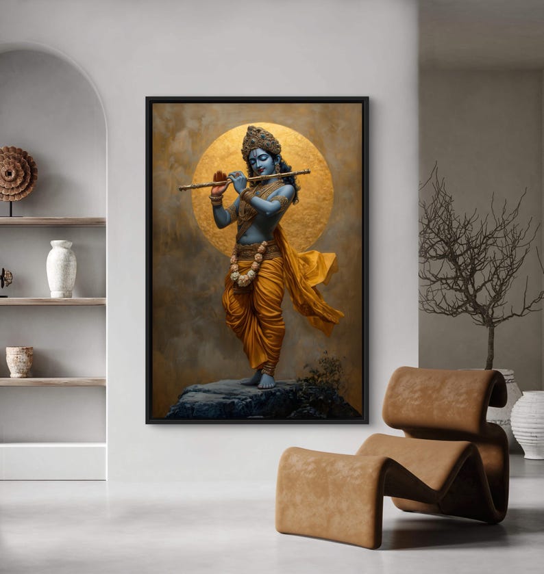 Immerse yourself in divine grace with this exquisite art piece of Lord Krishna playing the flute. The vibrant colors and intricate details make it a captivating addition to any spiritual or cultural space.