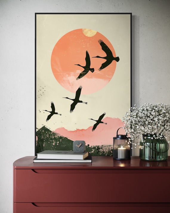 Japanese Crane Print  - Minimalist Bird Art and Japanese Art Canvas for Serene Home Decore, Abstract Sunset Wall Art