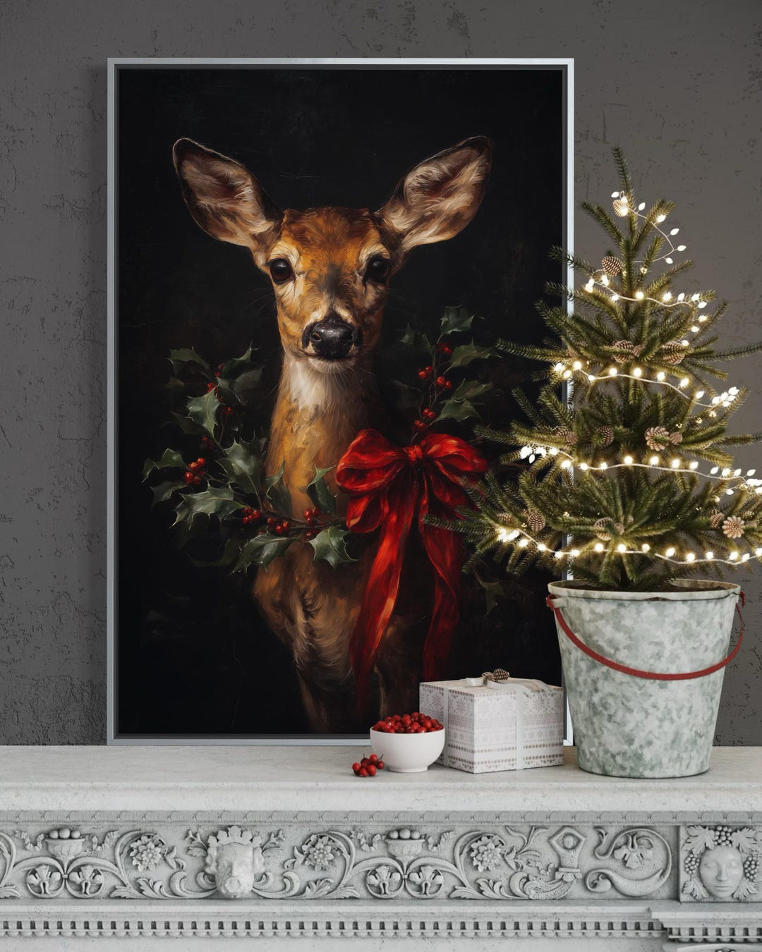 Christmas Deer Wall Art – Festive Woodland Animal Print, Rustic Holiday ...