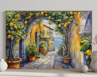 Amalfi Lemon Tree Breeze: Panoramic Italian Street Scene Art Print - Mediterranean Decor for Aesthetic Room Decor