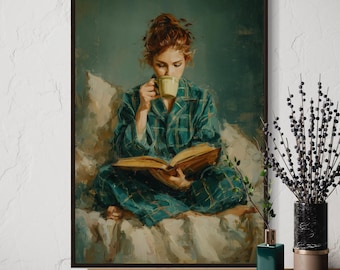Cozy Reading Art Print – Woman with Book and Coffee Art, Relaxing Pajama Wall Art, Literary Home Decor