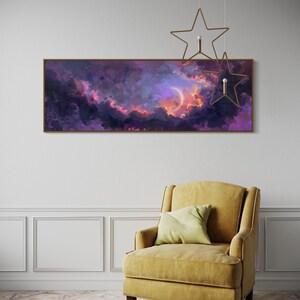 Dive into the ethereal beauty of a crescent moon cradled by vivid clouds in a surreal dreamscape. This stunning painting captures the enchanting dance of light and color, perfect for bringing a touch of wonder to any space.