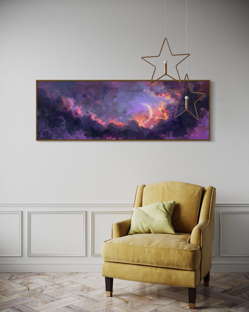 Dive into the ethereal beauty of a crescent moon cradled by vivid clouds in a surreal dreamscape. This stunning painting captures the enchanting dance of light and color, perfect for bringing a touch of wonder to any space.