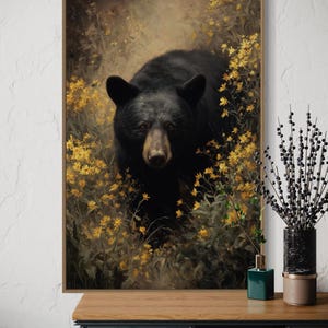 Black Bear in Wildflowers Art Print - Rustic Woodland Animal Wall Art - Nature-Inspired Cabin Decor - Wildlife Bear Painting Poster