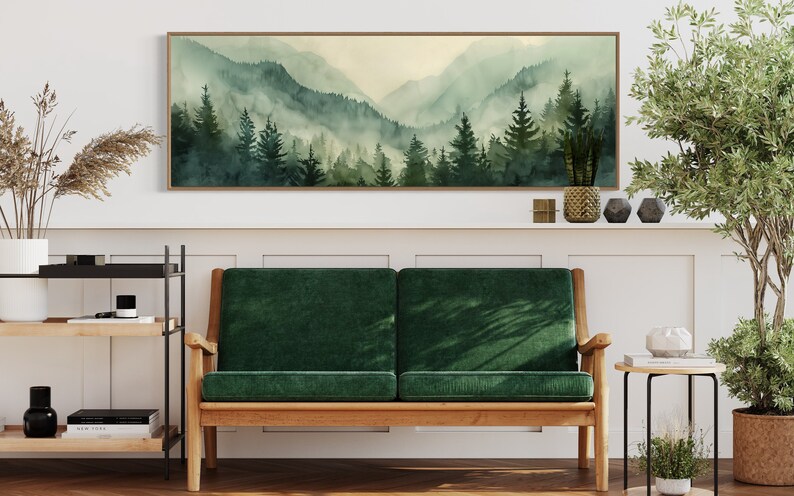 Misty Mountain Serenity: A dreamy vista where lush evergreens pierce through the soft veil of morning mist, creating layers of tranquil beauty.